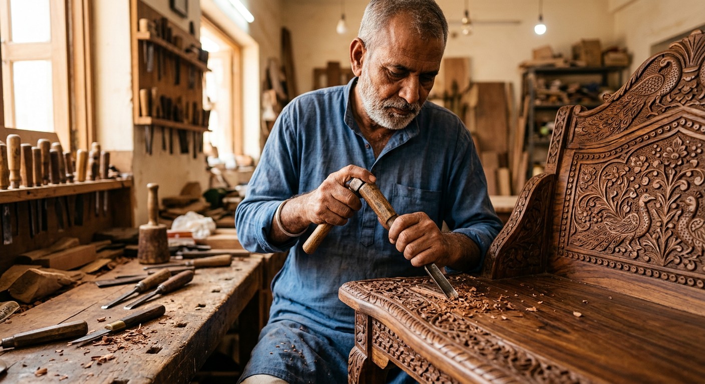 Master craftsman hand-finishing teakwood furniture at Baba Furnitures workshop