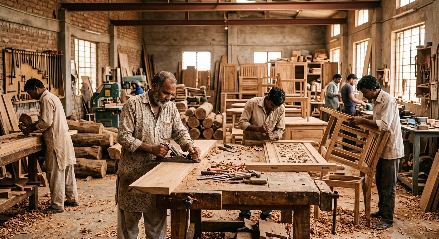 Baba Furnitures Chhatarpur factory — skilled artisans crafting teakwood furniture