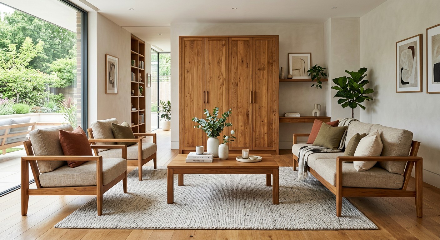 Elegant teakwood living room setup by Baba Furnitures