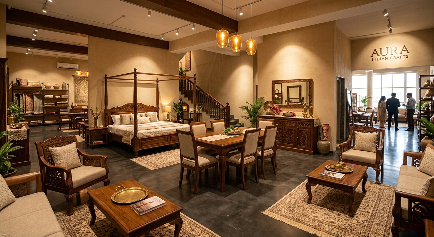 Baba Furnitures factory outlet in Indore — premium teakwood furniture on display